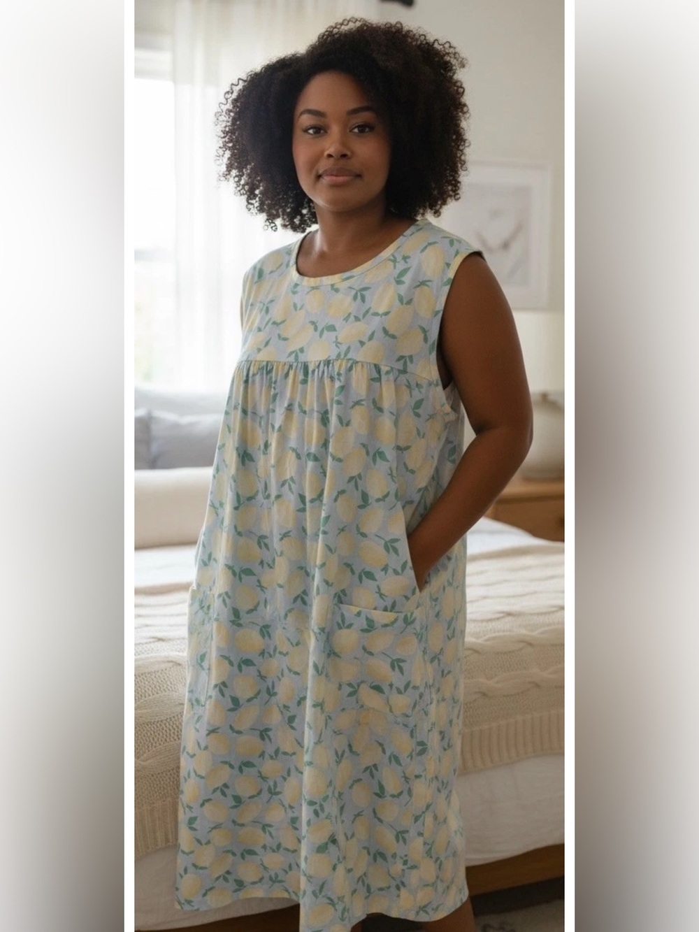 Vintage NATIONAL Duster House Dress Robe Large Blue Yellow Lemon Print S